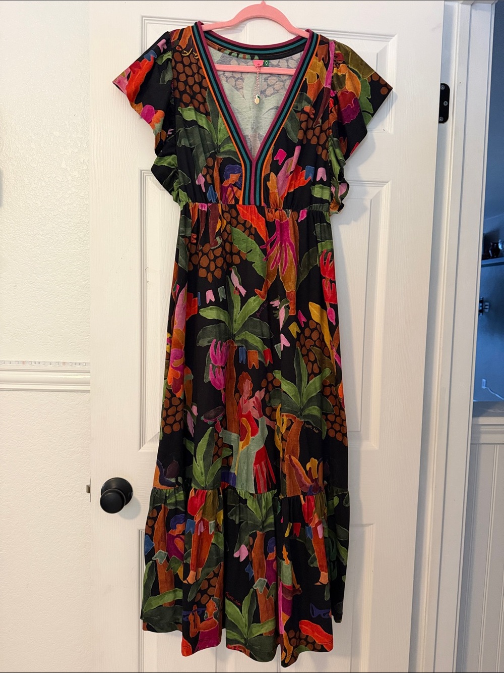FARM Rio Black Maxi Dress with Bold Tropical Multicolor Print